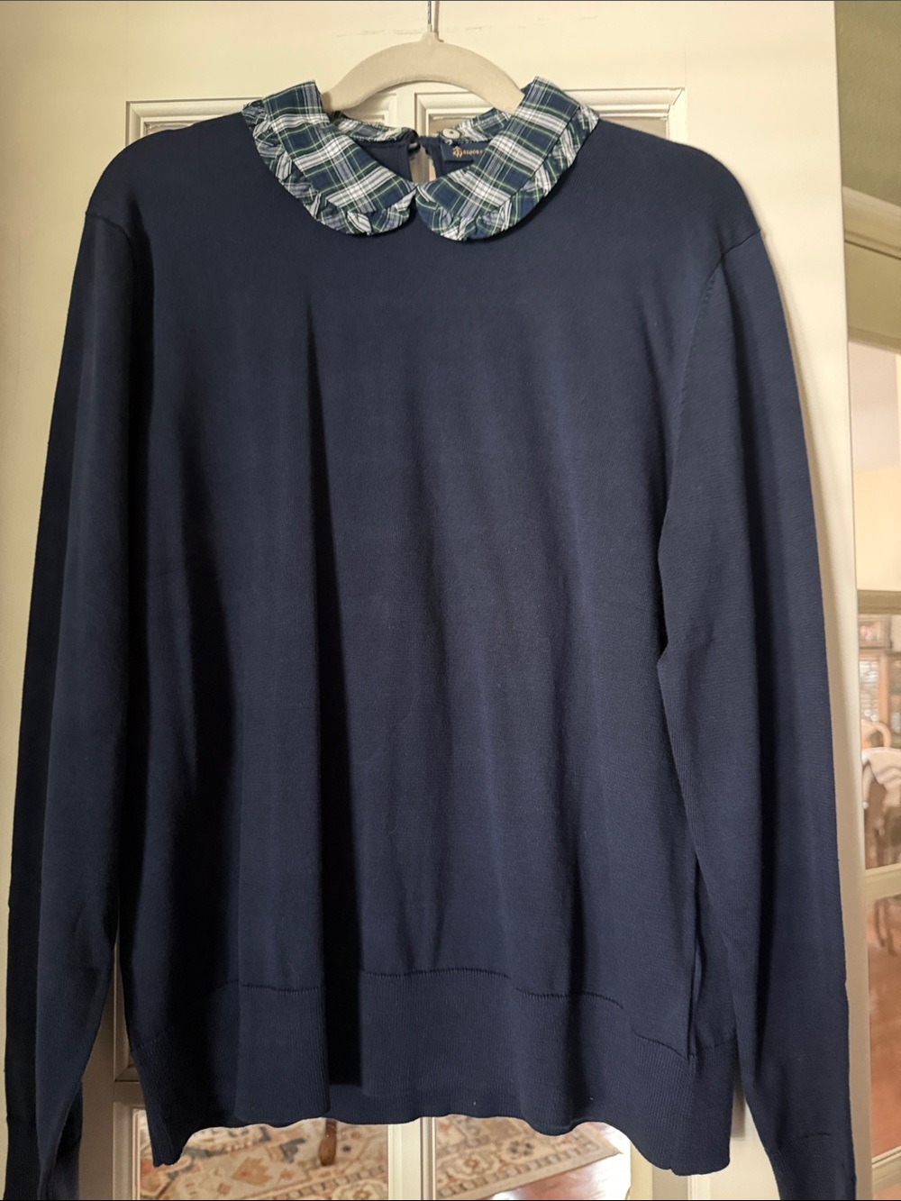 Brooks Brothers Navy Sweater with Plaid Peter Pan Collar